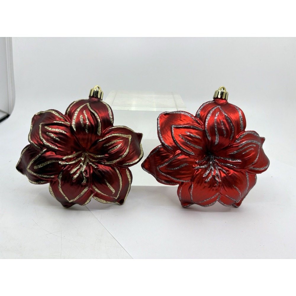 Red Poinsettia Flower Christmas Ornament Gold Jewel Shatter-proof 2